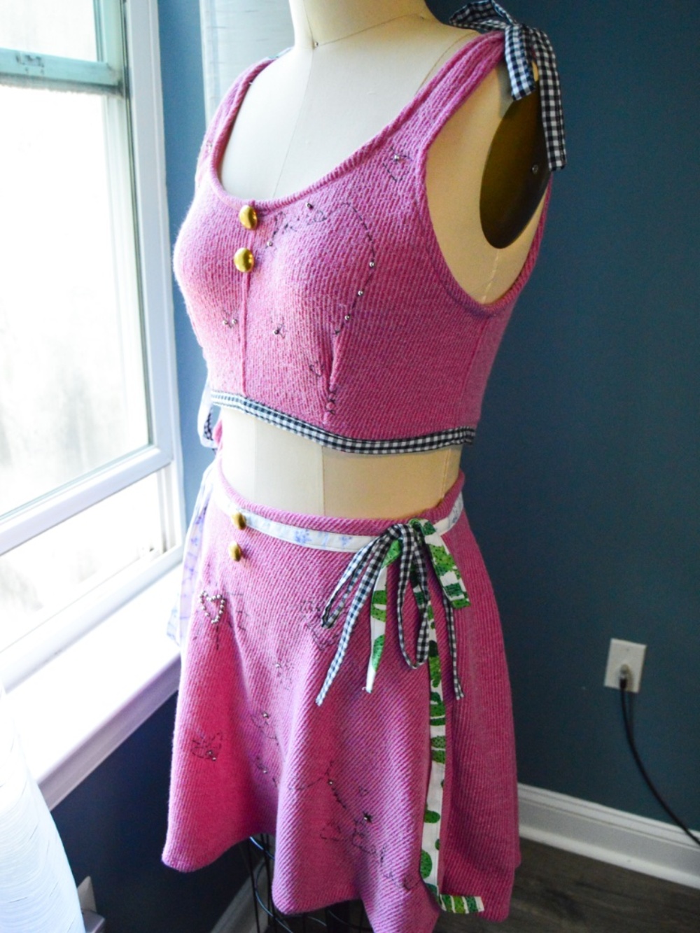 One of One Handmade, Knit Pink Crop Top and Embroidered Skirt 2 Piece Set W Bows